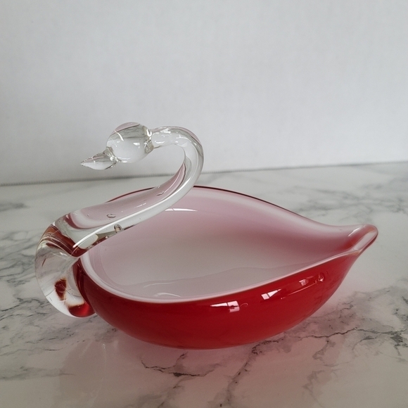 Glass Art Swan Red White Clear Figurine Dish Decorative - Picture 3 of 8